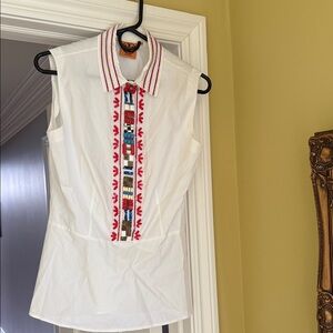 Tory Burch White Blouse with Red and Blue Embroidery